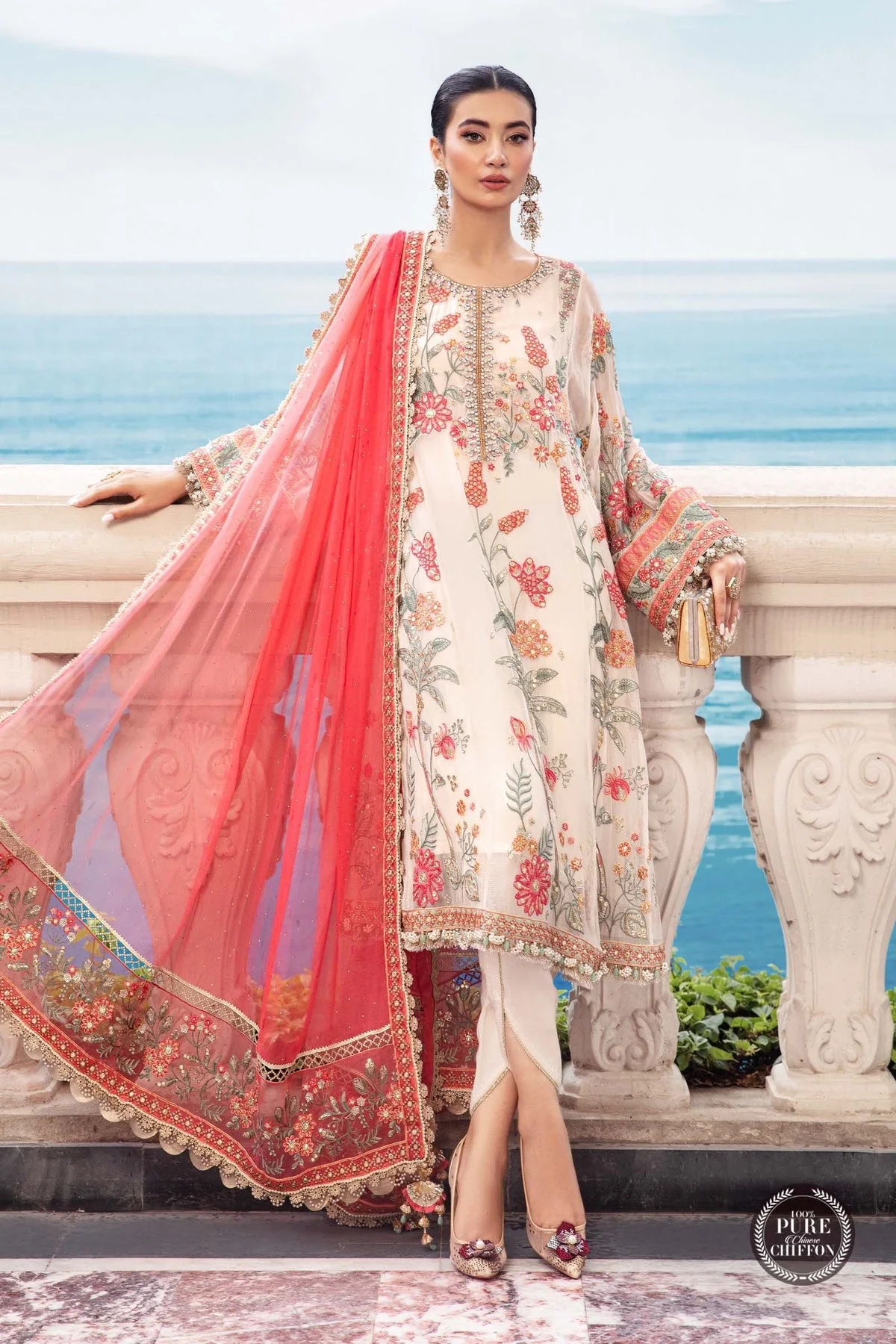 MPC-23-106 Cloud White Floral pakistani fashion outfit in white tones.